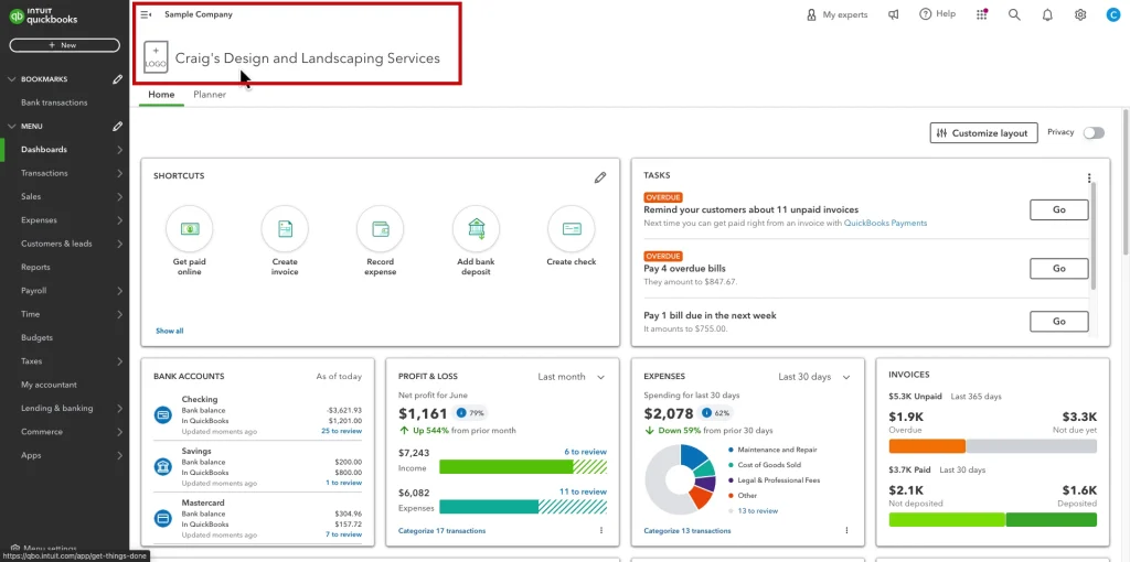 quickbooks online sample company craig's landscaping